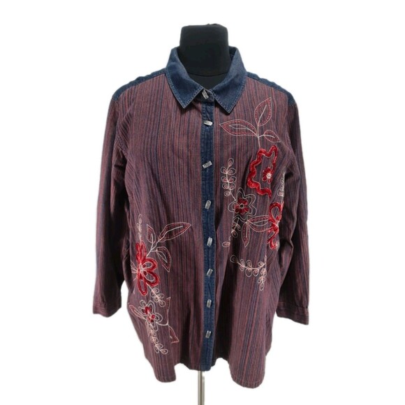 LIZE & ME Women Plus Size 4X Floral Denim Button Up Shirt Embroidery 20NA - Picture 1 of 5